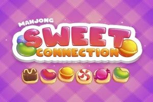 Λογότυπο με τη λέξη Sweet Connection σε φωτεινά, πολύχρωμα γράμματα πάνω σε μοβ καρό φόντο, με εικόνες γλυκών από κάτω