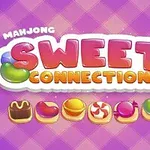 Λογότυπο με τη λέξη Sweet Connection σε φωτεινά, πολύχρωμα γράμματα πάνω σε μοβ καρό φόντο, με εικόνες γλυκών από κάτω