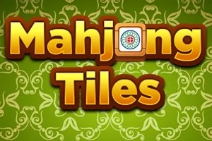 Κίτρινα γράμματα με τη λέξη Mahjong Tiles σε πράσινο φόντο με διακοσμητικά σχέδια