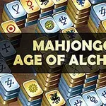 Στοίβες από πλακίδια με αλχημιστικά σύμβολα και έντονο κείμενο Mahjongg: Age of Alchemy στο κέντρο