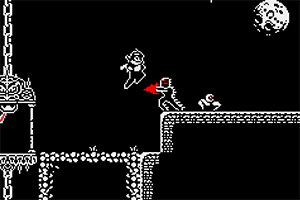 Γραφικά pixel art με έναν χαρακτήρα που πηδάει, αντιμετωπίζοντας εχθρούς σε μία πλατφόρμα τη νύχτα με φεγγάρι