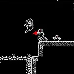 Γραφικά pixel art με έναν χαρακτήρα που πηδάει, αντιμετωπίζοντας εχθρούς σε μία πλατφόρμα τη νύχτα με φεγγάρι