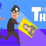 Κινούμενος κλέφτης κρατάει πίνακα και τρέχει μακριά από αστυνομικό, ενώ φως τον φωτίζει από ψηλά