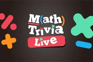 Λογότυπο με τη φράση Math Trivia Live σε πολύχρωμο στυλ με μαθηματικά σύμβολα σε μαύρο φόντο