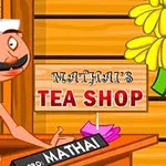 Ένας κινούμενος χαρακτήρας με μουστάκι και παραδοσιακή ενδυμασία μπροστά σε μια ταμπέλα που γράφει MATHAIS TEA SHOP, δίπλα σε ένα μπουκέτο κίτρινα λουλούδια