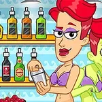 Μια γυναίκα με κόκκινα μαλλιά σε μωβ μαγιό φτιάχνει κοκτέιλ σε μπαρ, ενώ μια πράσινη ανθρωπόμορφη φιγούρα βρίσκεται δίπλα της