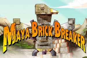 Πολύχρωμος τίτλος «Maya Brick Breaker» μπροστά από πέτρινο τοτέμ και τοίχο από τουβλάκια σε φόντο βραχώδους τοπίου