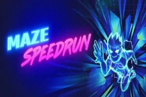 Νέον επιγραφή με τις λέξεις MAZE SPEEDRUN πλάι σε γρήγορη φωτεινή φιγούρα ανθρώπου σε μπλε και ροζ χρώματα