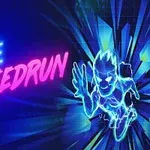 Νέον επιγραφή με τις λέξεις MAZE SPEEDRUN πλάι σε γρήγορη φωτεινή φιγούρα ανθρώπου σε μπλε και ροζ χρώματα