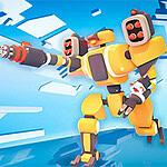 Κίτρινο ρομπότ με μεγάλα όπλα και πύραυλους σε φουτουριστικό μπλε φόντο