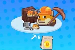 Χαριτωμένος χαρακτήρας τύπου voxel με καπέλο κατασκευής και τσεκούρι, δίπλα σε υπολογιστή, μπλοκ και σακούλα με χρυσά νομίσματα