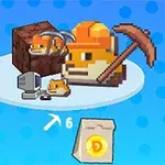 Χαριτωμένος χαρακτήρας τύπου voxel με καπέλο κατασκευής και τσεκούρι, δίπλα σε υπολογιστή, μπλοκ και σακούλα με χρυσά νομίσματα