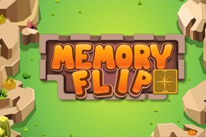 Πολύχρωμο λογότυπο με τις λέξεις «MEMORY FLIP» σε ξύλινη πινακίδα πάνω σε πράσινο τοπίο με βράχους και μικρά φυτά