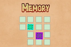 Ένα καφέ φόντο με την λέξη Memory και δύο ανοιγμένα τετράγωνα με μοτίβα, στο κέντρο πλέγματος από πράσινα τετράγωνα