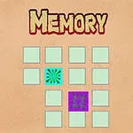 Ένα καφέ φόντο με την λέξη Memory και δύο ανοιγμένα τετράγωνα με μοτίβα, στο κέντρο πλέγματος από πράσινα τετράγωνα