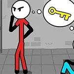 Δύο ανθρωπόμορφα σκίτσα, το ένα όρθιο και το άλλο καθισμένο, σκέφτονται ένα κλειδί σε κελί φυλακής