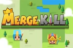Κείμενο Merge Kill με φόντο από ντεγκραντέ πράσινες και γαλάζιες περιοχές με δέντρα και δύο χαρακτήρες με κράνη