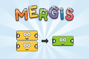 Ο τίτλος MERGIS με χρωματιστά γράμματα και σκίτσα αριθμών που συνδυάζονται σε κουτιά με χαμογελαστά πρόσωπα