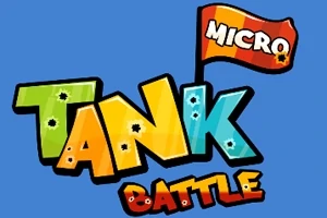 Χρωματιστό λογότυπο με τη λέξη TANK BATTLE σε μπλε φόντο και σημαία με τη λέξη MICRO