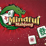 Πλακίδια Mahjong με ένα πράσινο δράκο και τη φράση Mindful Mahjong σε κόκκινο φόντο