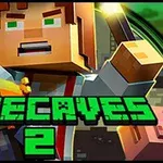 Ένας χαρακτήρας σε στυλ voxel με πράσινα μάτια κρατάει μια δάδα και ένα αντικείμενο που μοιάζει με μπλοκ, με την επιγραφή MINECAVES 2 στο προσκήνιο