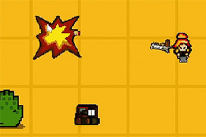 Ένας pixel art χαρακτήρας με καπέλο κρατά ένα σπαθί σε κίτρινο φόντο με μια έκρηξη και διάφορα αντικείμενα