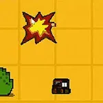 Ένας pixel art χαρακτήρας με καπέλο κρατά ένα σπαθί σε κίτρινο φόντο με μια έκρηξη και διάφορα αντικείμενα