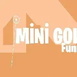Λευκό κείμενο Mini Golf Funny σε πορτοκαλί φόντο με γραμμικές και γεωμετρικές μορφές