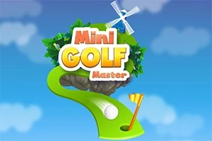 Τίτλος Mini Golf Master με πράσινη φιγούρα μονοπατιού, μπάλα του γκολφ και σημαία μπροστά από ουρανό με σύννεφα