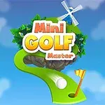 Τίτλος Mini Golf Master με πράσινη φιγούρα μονοπατιού, μπάλα του γκολφ και σημαία μπροστά από ουρανό με σύννεφα