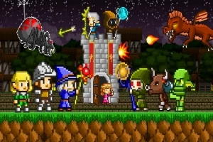 Πολύχρωμα pixelated χαρακτήρες με όπλα και μαγικά αντικείμενα μάχονται μπροστά από ένα κάστρο τη νύχτα