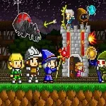 Πολύχρωμα pixelated χαρακτήρες με όπλα και μαγικά αντικείμενα μάχονται μπροστά από ένα κάστρο τη νύχτα