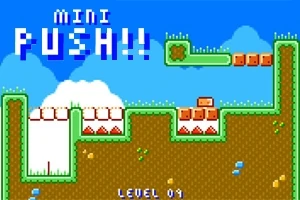Πολύχρωμο pixelated τοπίο με επίπεδα πλατφόρμες και το κείμενο MINI PUSH!