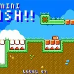 Πολύχρωμο pixelated τοπίο με επίπεδα πλατφόρμες και το κείμενο MINI PUSH!