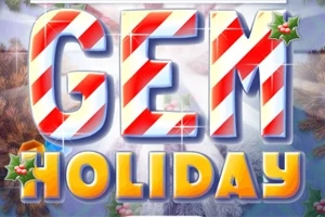 Μεγάλα γράμματα με τη λέξη GEM σε κόκκινο και άσπρο ριγέ μοτίβο και HOLIDAY από κάτω, διακοσμημένα με καρπούς και φύλλα γκι