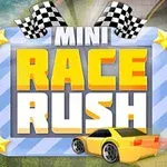 Εικόνα με τίτλο Mini Race Rush που απεικονίζει ένα κίτρινο αγωνιστικό αυτοκίνητο δίπλα σε μια μεγάλη επιγραφή και δύο καρό σημαίες