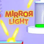Mirror Light Έντονα κίτρινα γράμματα με τη φράση MIRROR LIGHT σε μωβ φόντο με χρωματιστά στοιχεία και φωτεινές ακτίνες