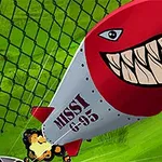 Κόκκινος πύραυλος με οδοντωτές αιχμές και επιγραφή MISSI G-95 σε πράσινο παρασκήνιο με δικτυωτό σχέδιο