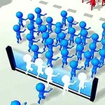 Μπλε και κόκκινες φιγούρες συγκεντρωμένες σε δύο ομάδες, με τις μπλε να βρίσκονται πίσω από ένα φράγμα