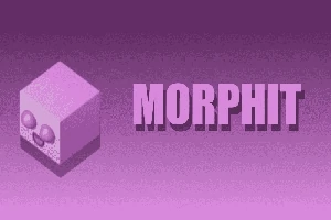 Κυβικό εικονίδιο με χαμογελαστό πρόσωπο δίπλα στη λέξη MORPHIT σε μοβ φόντο