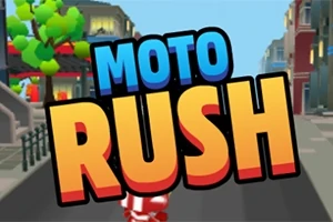 Οθόνη με την επιγραφή MOTO RUSH μπροστά από έναν δρόμο πόλης με δέντρα και κτήρια