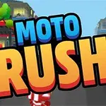 Οθόνη με την επιγραφή MOTO RUSH μπροστά από έναν δρόμο πόλης με δέντρα και κτήρια