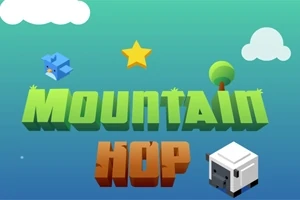 Ένα πολύχρωμο σκηνικό με τη λέξη Mountain Hop, σύννεφα, έναν αστέρι, ένα μπλε πουλί και έναν κύβο με πρόσοψη στο κάτω μέρος
