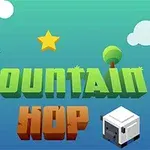 Ένα πολύχρωμο σκηνικό με τη λέξη Mountain Hop, σύννεφα, έναν αστέρι, ένα μπλε πουλί και έναν κύβο με πρόσοψη στο κάτω μέρος
