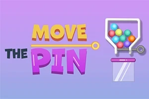 Έγχρωμα γράμματα με τη φράση MOVE THE PIN δίπλα σε δοχείο με πολύχρωμες μπάλες και καρφίτσα