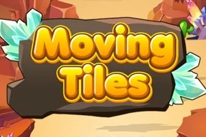 Καφέ πινακίδα με την επιγραφή Moving Tiles σε κιτρινοπορτοκαλί χρώμα, περιτριγυρισμένη από κρύσταλλα και κόκκινα βράχια στο φόντο