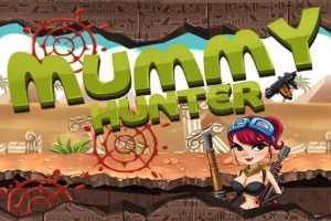 Έγχρωμο σκίτσο με τα λόγια Mummy Hunter, μια γυναίκα με όπλα στο κάτω μέρος και φόντο αρχαία ερείπια
