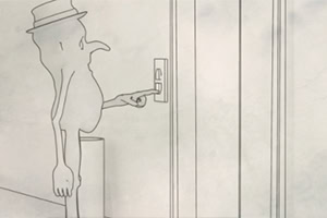 Μια ασπρόμαυρη σκίτσο φιγούρα με καπέλο πατάει το κουμπί ανελκυστήρα