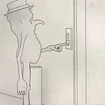 Μια ασπρόμαυρη σκίτσο φιγούρα με καπέλο πατάει το κουμπί ανελκυστήρα