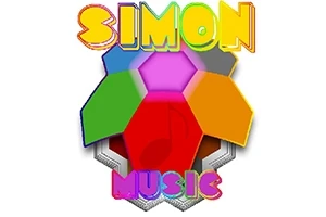 Η εικόνα περιέχει το λογότυπο με τη λέξη SIMON σε έντονα χρώματα πάνω από πολύχρωμα εξάγωνα και τη λέξη MUSIC από κάτω